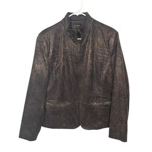 Erin London Brown Gold Metallic Zip Front Blazer Large